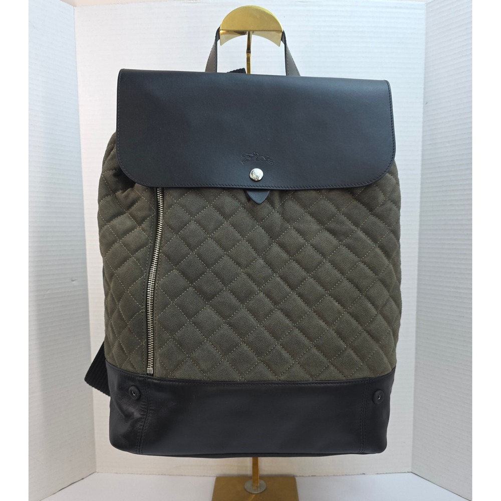 Longchamp‎ Paris Quilted Suede Leather Backpack Olive Green Black L1331959 292